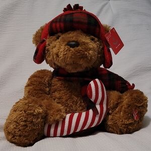 Aurora Musical Christmas Teddy Bear with Red Plaid Hat,  Scarf & Candy Cane